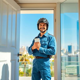 A full-length view of a mail carrier wearing a modern helmet, standing proudly while handing over a small white package at an open door