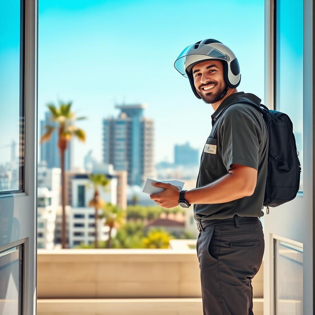 A full-length view of a mail carrier wearing a modern helmet, standing proudly while handing over a small white package at an open door