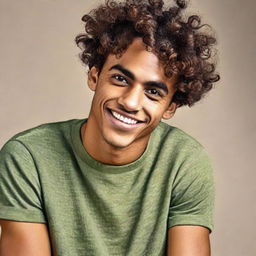 A lively portrait of a brown-skinned young man with short curly hair, exuding vivaciousness and dynamism.