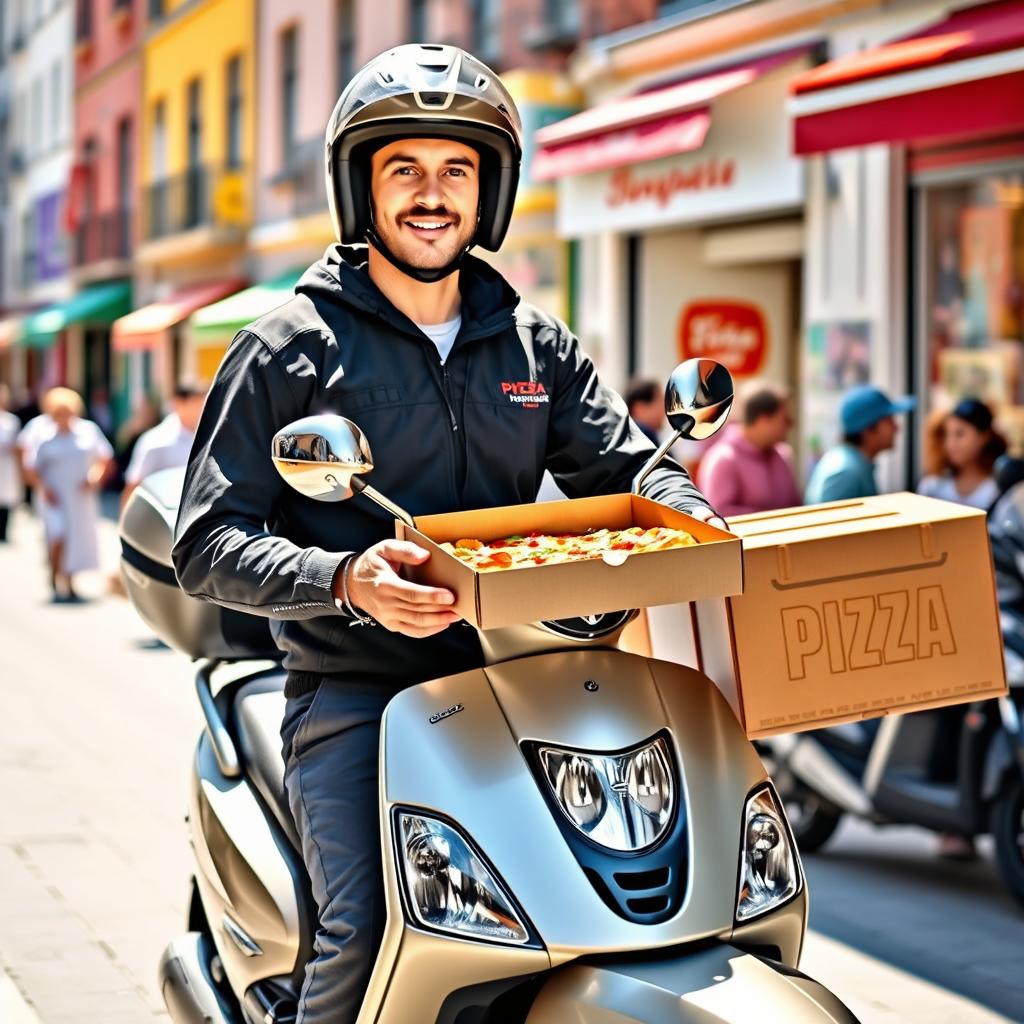 A full-length view of a European-looking pizza delivery person standing proudly next to their scooter, wearing a modern helmet and a stylish uniform