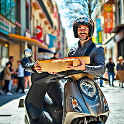 A full-length view of a European-looking pizza delivery person standing proudly next to their scooter, wearing a modern helmet and a stylish uniform