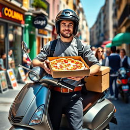 A full-length view of a European-looking pizza delivery person standing proudly next to their scooter, wearing a modern helmet and a stylish uniform