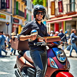 A full-length view of a European-looking pizza delivery person standing proudly next to their scooter, wearing a modern helmet and a stylish uniform