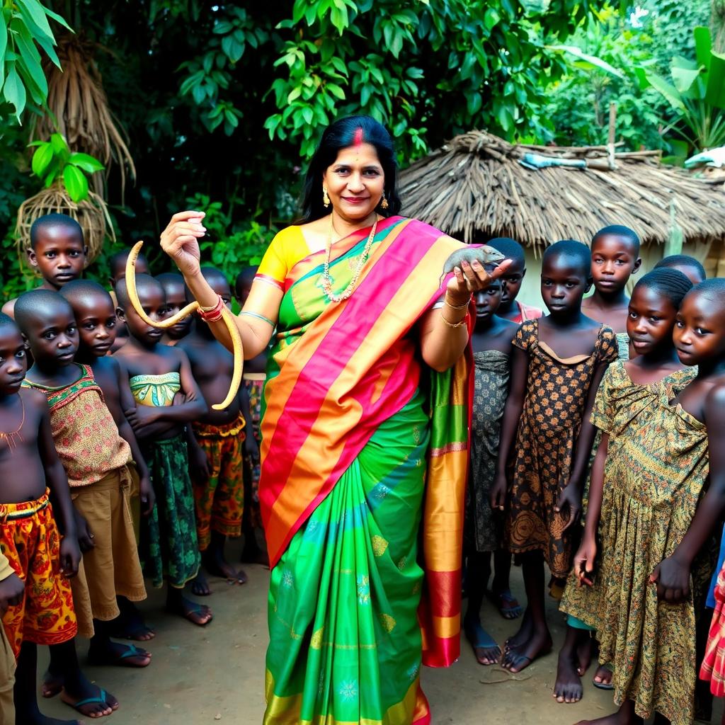 In a vibrant village setting, an Indian lady elegantly dressed in a colorful saree confidently holds a snake in one hand and a rat in the other