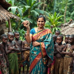 In a vibrant village setting, an Indian lady elegantly dressed in a colorful saree confidently holds a snake in one hand and a rat in the other