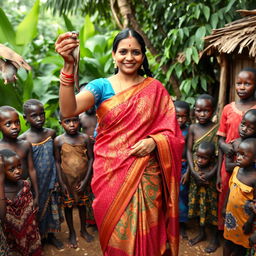 In a vibrant village setting, an Indian lady elegantly dressed in a colorful saree confidently holds a snake in one hand and a rat in the other