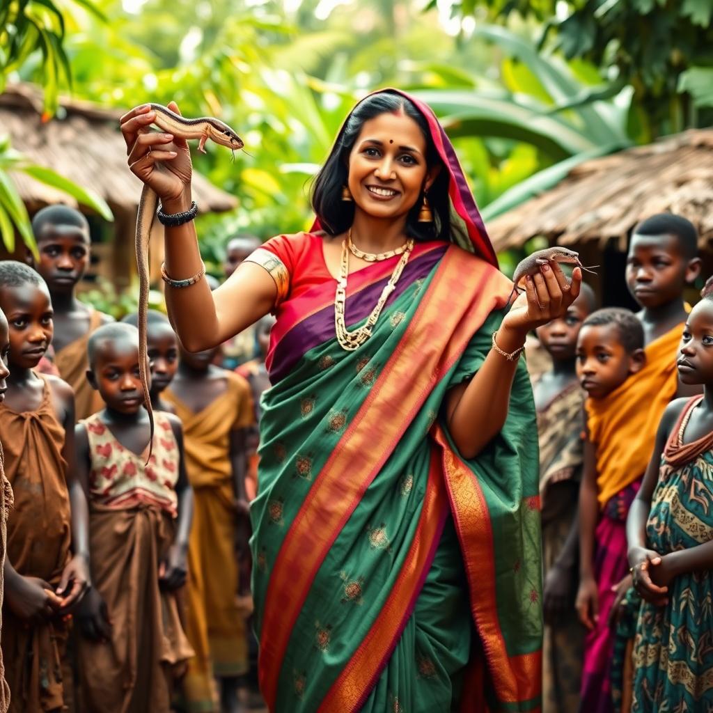 In a vibrant village setting, an Indian lady elegantly dressed in a colorful saree confidently holds a snake in one hand and a rat in the other