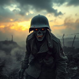 A chilling depiction of a Nazi zombie soldier emerging from the foggy battlefield at dusk