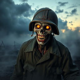 A chilling depiction of a Nazi zombie soldier emerging from the foggy battlefield at dusk