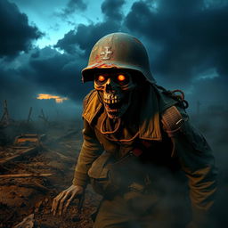 A chilling depiction of a Nazi zombie soldier emerging from the foggy battlefield at dusk