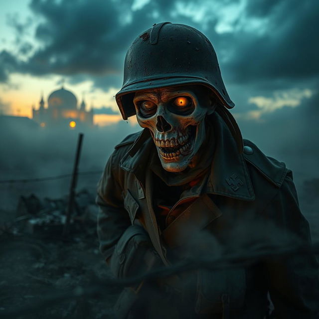 A chilling depiction of a Nazi zombie soldier emerging from the foggy battlefield at dusk