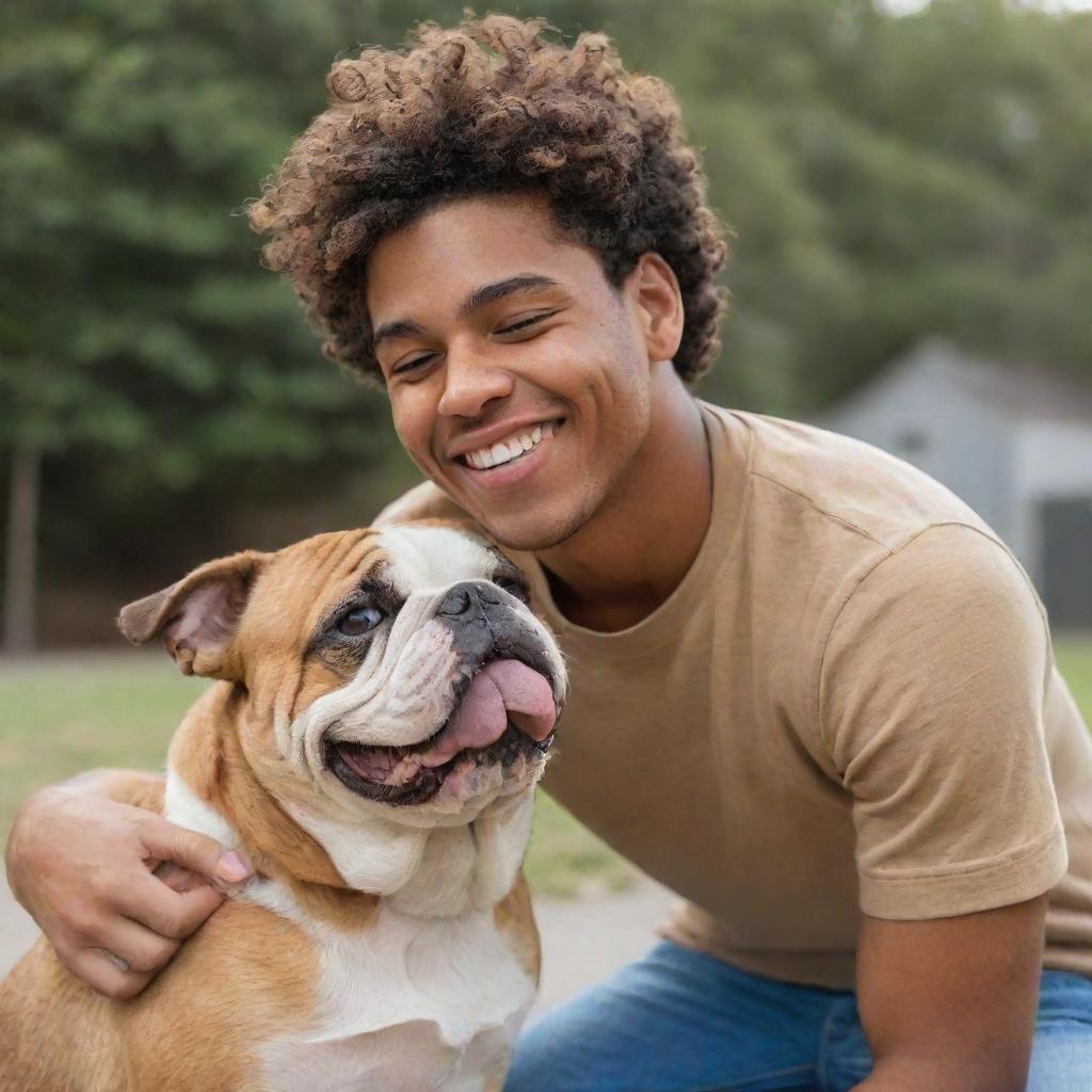 A heartwarming scene of a brown-skinned young man with short curly hair, sharing a joyful moment with his adorable bulldog companion.