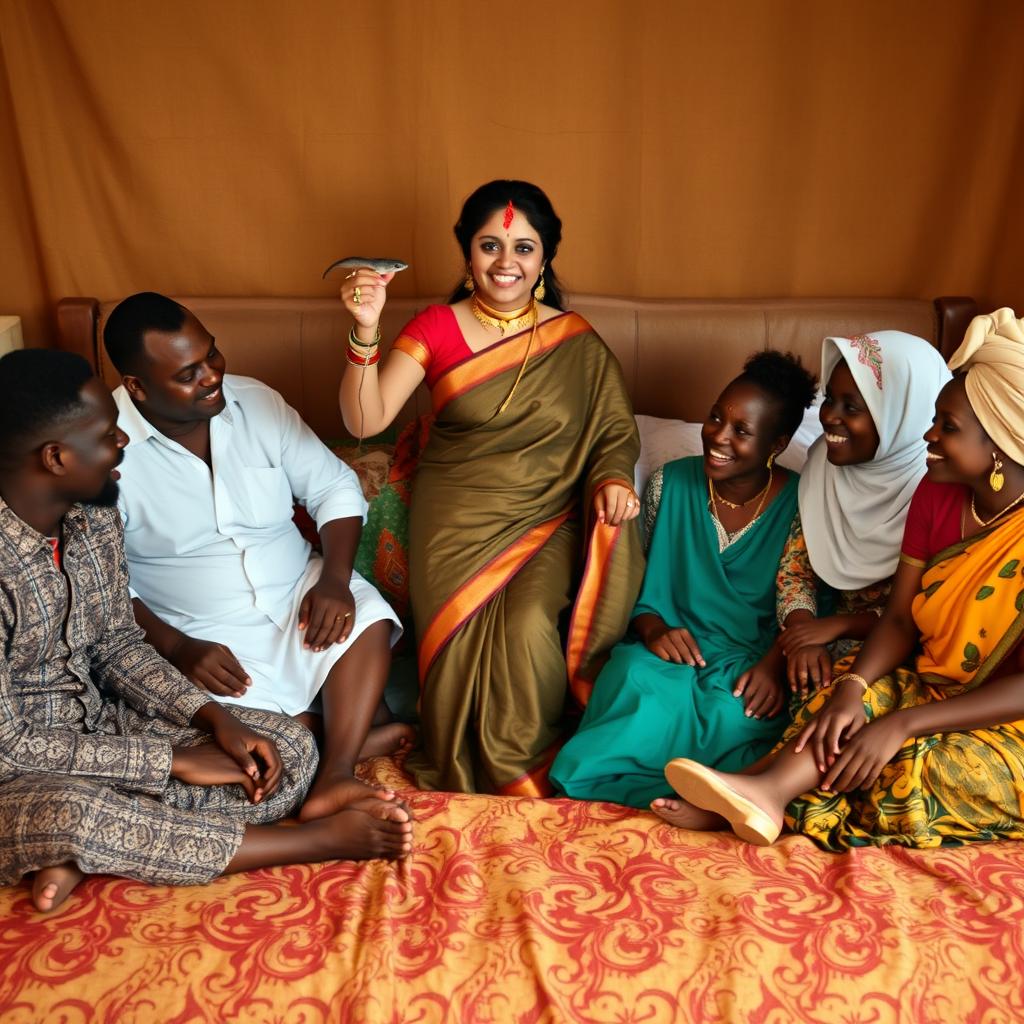 An intriguing and lively scene depicting an Indian lady elegantly dressed in a traditional saree, confidently holding a snake in one hand and a rat in the other