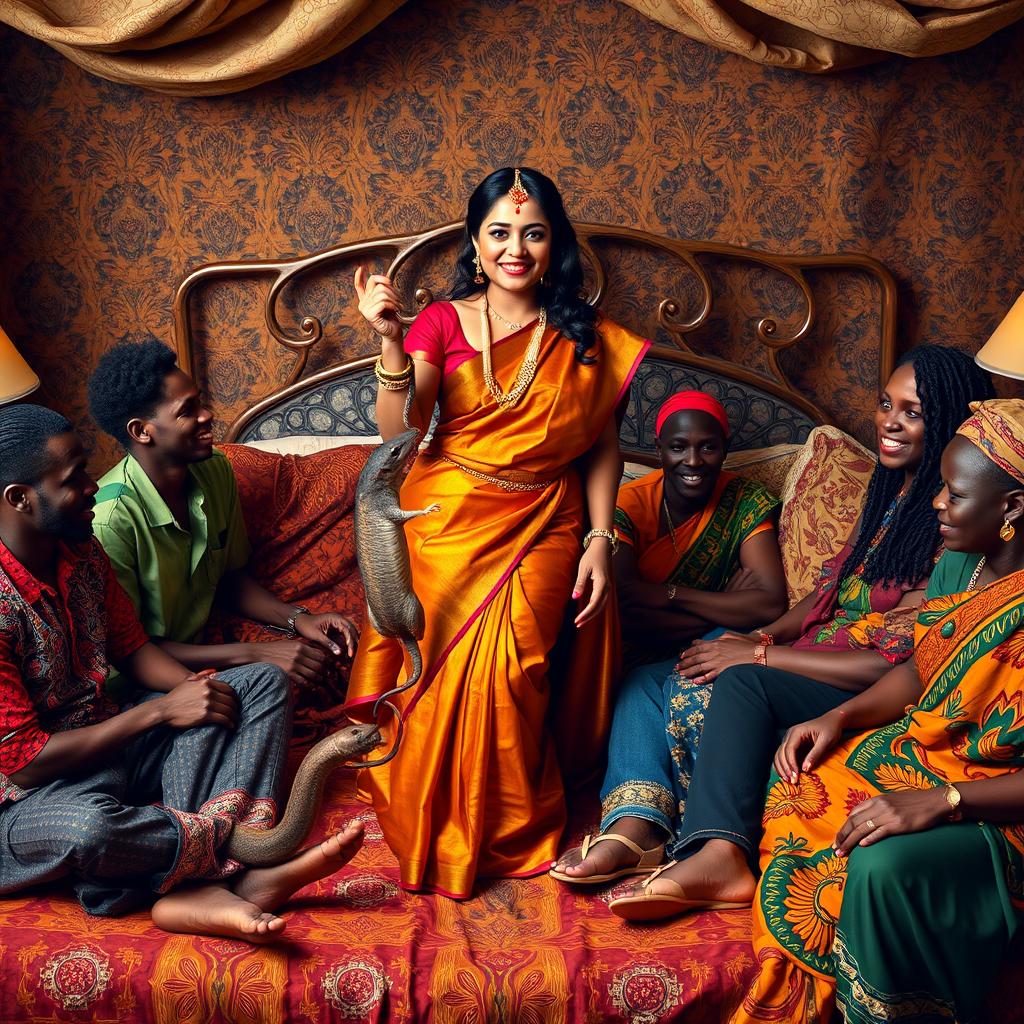 An intriguing and lively scene depicting an Indian lady elegantly dressed in a traditional saree, confidently holding a snake in one hand and a rat in the other