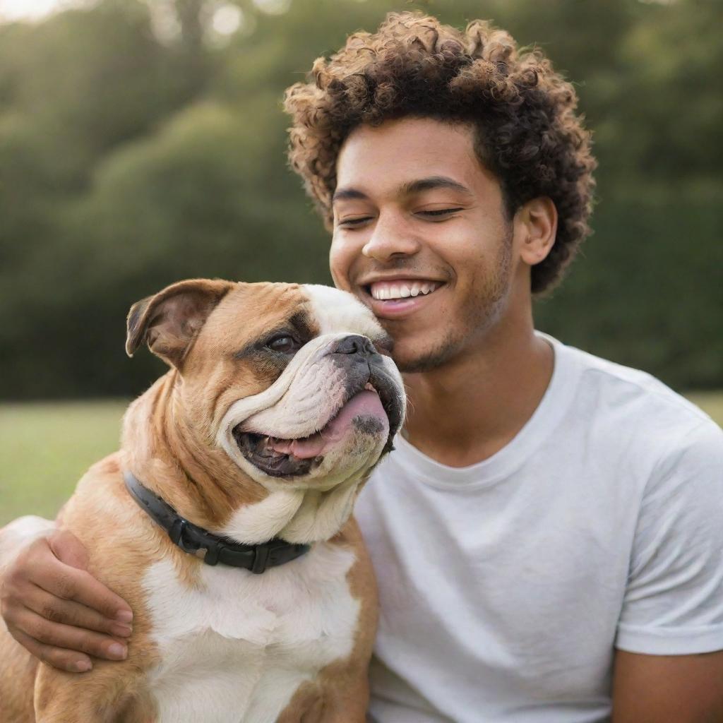 A heartwarming scene of a brown-skinned young man with short curly hair, sharing a joyful moment with his adorable bulldog companion.