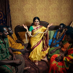 An intriguing and lively scene depicting an Indian lady elegantly dressed in a traditional saree, confidently holding a snake in one hand and a rat in the other