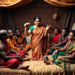 An intriguing and lively scene depicting an Indian lady elegantly dressed in a traditional saree, confidently holding a snake in one hand and a rat in the other