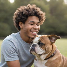 A heartwarming scene of a brown-skinned young man with short curly hair, sharing a joyful moment with his adorable bulldog companion.