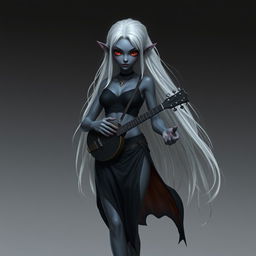 A dark bluish-gray skinned drow elf with long white hair and vibrant red eyes, holding a small mandolin