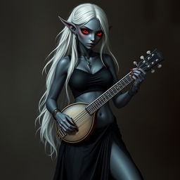 A dark bluish-gray skinned drow elf with long white hair and vibrant red eyes, holding a small mandolin