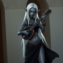 A dark bluish-gray skinned drow elf with long white hair and vibrant red eyes, holding a small mandolin