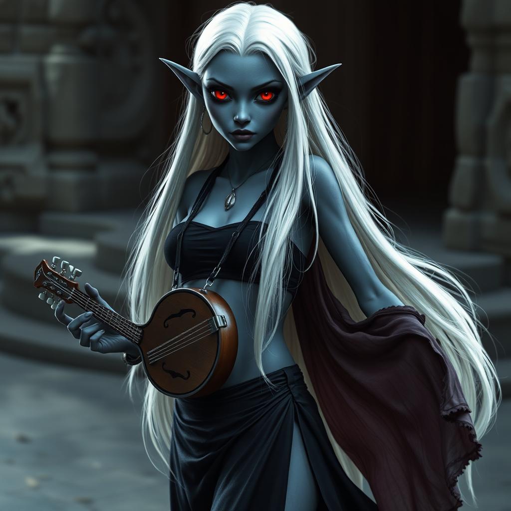 A dark bluish-gray skinned drow elf with long white hair and vibrant red eyes, holding a small mandolin