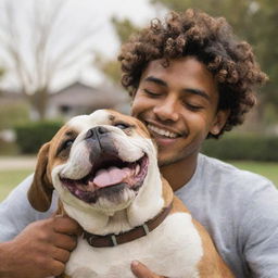 A heartwarming scene of a brown-skinned young man with short curly hair, sharing a joyful moment with his adorable bulldog companion.