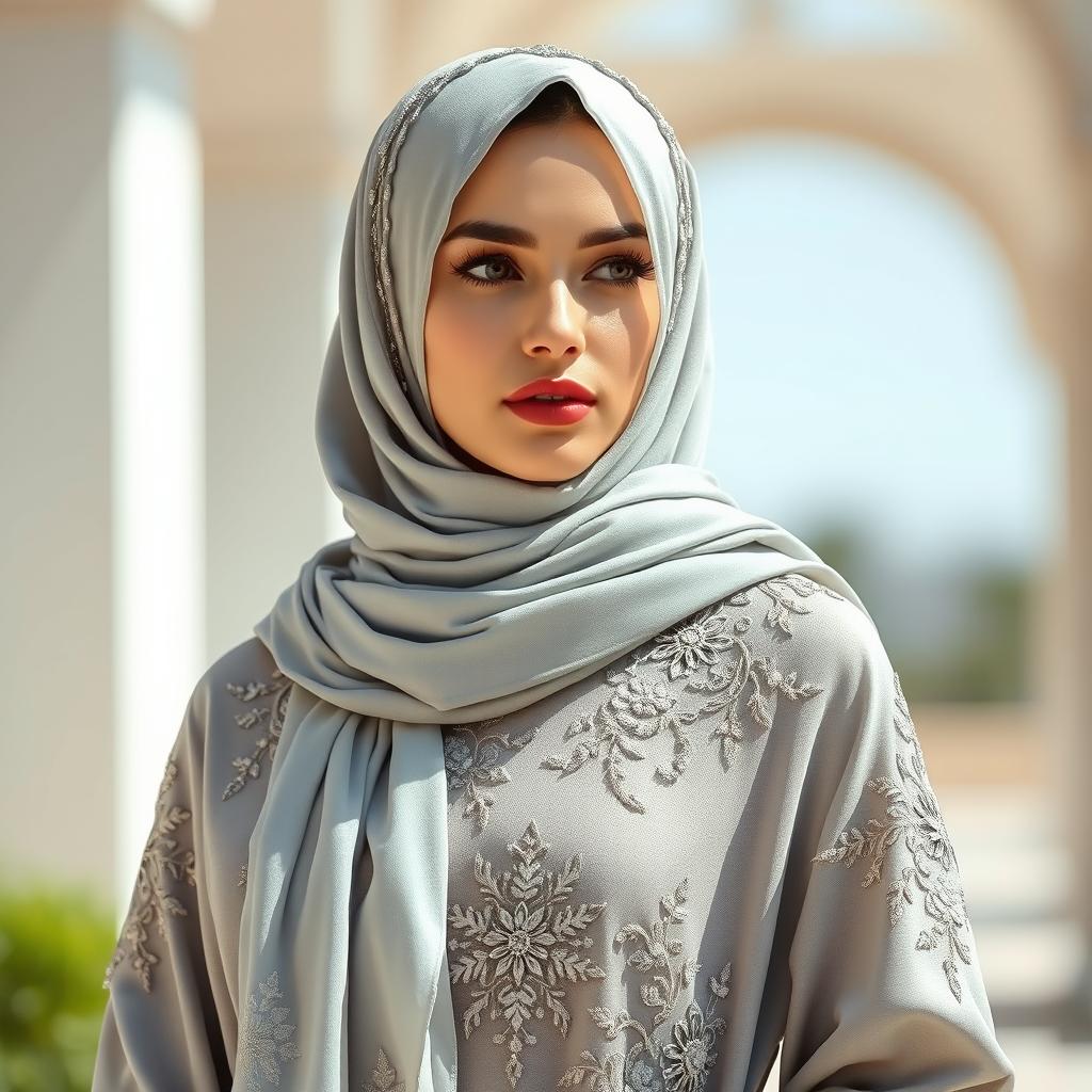 A fashionable woman wearing a grey embellished burqa adorned with intricate designs and embellishments