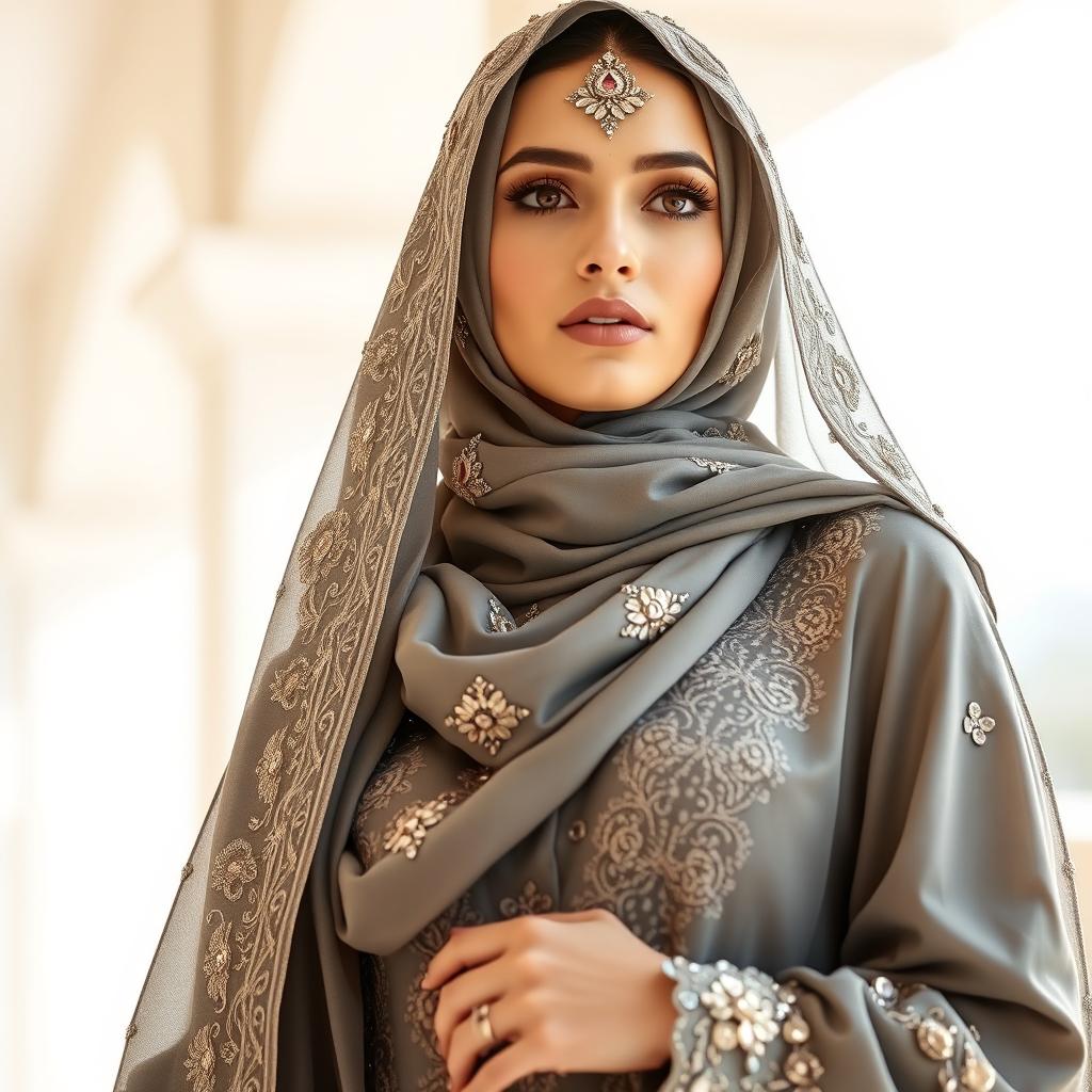 A fashionable woman wearing a grey embellished burqa adorned with intricate designs and embellishments