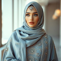 A fashionable woman wearing a grey embellished burqa adorned with intricate designs and embellishments