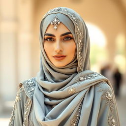 A fashionable woman wearing a grey embellished burqa adorned with intricate designs and embellishments