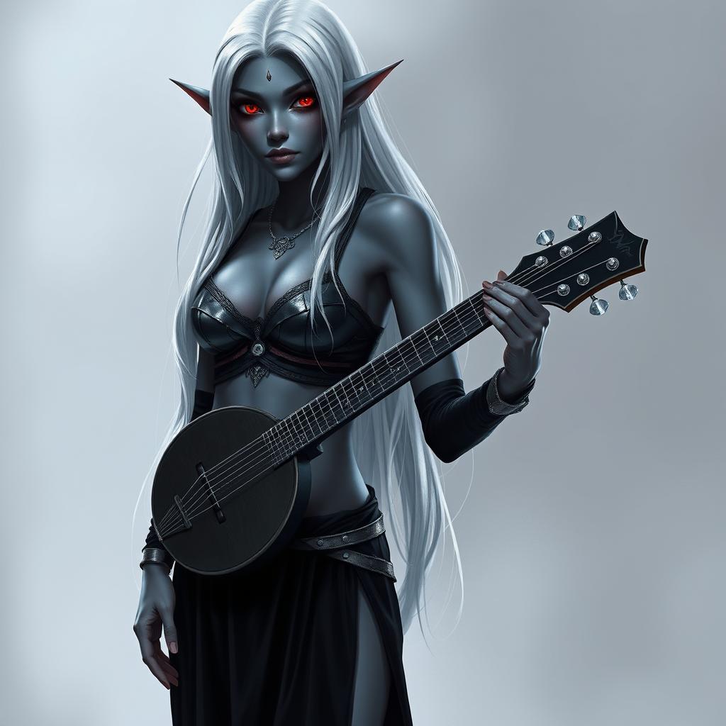 A dark bluish-gray skinned drow elf with long white hair and striking red eyes, holding a small mandolin