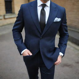 high-end tailored suit made from luxurious black wool, with a crispy white shirt, navy-blue silk tie, and shining black brogues. Accessorize with silver cufflinks and a matching pocket square.