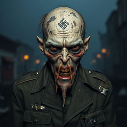 A tall, decaying German Nazi zombie, wearing a tattered military uniform that shows signs of wear