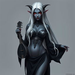 A dark bluish-gray skinned drow elf with long white hair and striking red eyes, holding a small mandolin