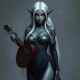 A dark bluish-gray skinned drow elf with long white hair and striking red eyes, holding a small mandolin