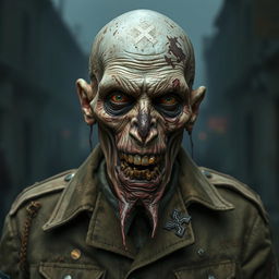 A tall, decaying German Nazi zombie, wearing a tattered military uniform that shows signs of wear