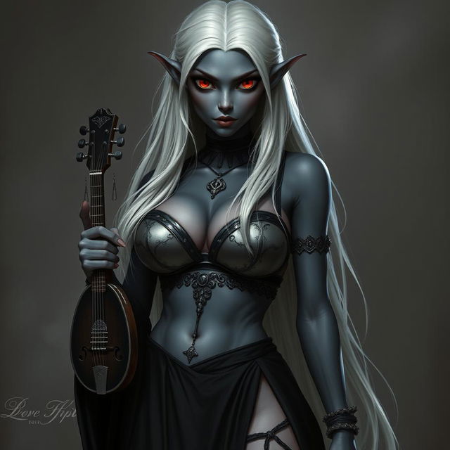 A dark bluish-gray skinned drow elf with long white hair and striking red eyes, holding a small mandolin