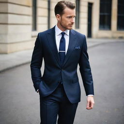 high-end tailored suit made from luxurious black wool, with a crispy white shirt, navy-blue silk tie, and shining black brogues. Accessorize with silver cufflinks and a matching pocket square.