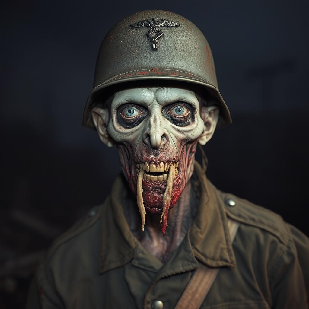 A tall, decaying German Nazi zombie, wearing a tattered military uniform and a distinct German helmet