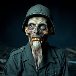 A tall, decaying German Nazi zombie, wearing a tattered military uniform and a distinct German helmet