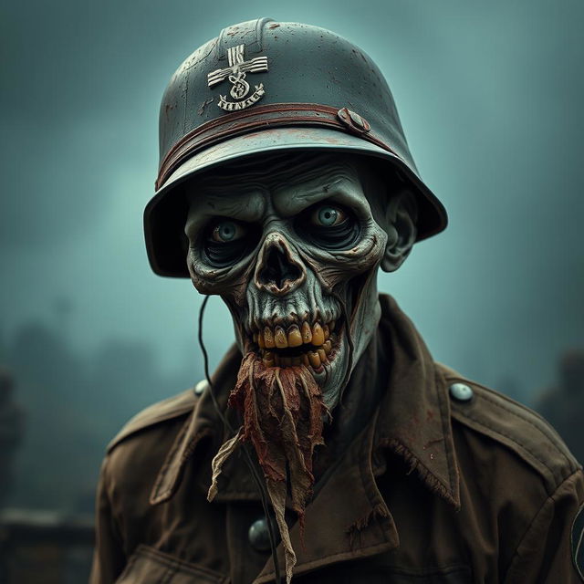 A tall, decaying German Nazi zombie, wearing a tattered military uniform and a distinct German helmet