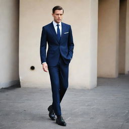 high-end tailored suit made from luxurious black wool, with a crispy white shirt, navy-blue silk tie, and shining black brogues. Accessorize with silver cufflinks and a matching pocket square.