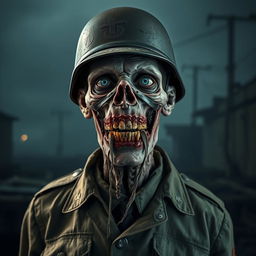 A tall, decaying German Nazi zombie, wearing a tattered military uniform and a distinct German helmet