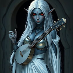 A dark bluish-gray skinned drow elf with long white hair and captivating red eyes, holding a small mandolin