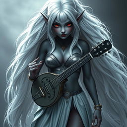 A dark bluish-gray skinned drow elf with long white hair and captivating red eyes, holding a small mandolin