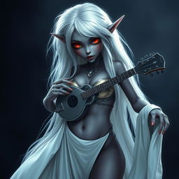 A dark bluish-gray skinned drow elf with long white hair and captivating red eyes, holding a small mandolin