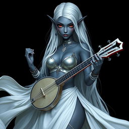 A dark bluish-gray skinned drow elf with long white hair and captivating red eyes, holding a small mandolin