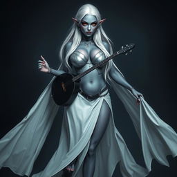 A dark bluish-gray skinned drow elf with long white hair and striking red eyes, holding a small mandolin