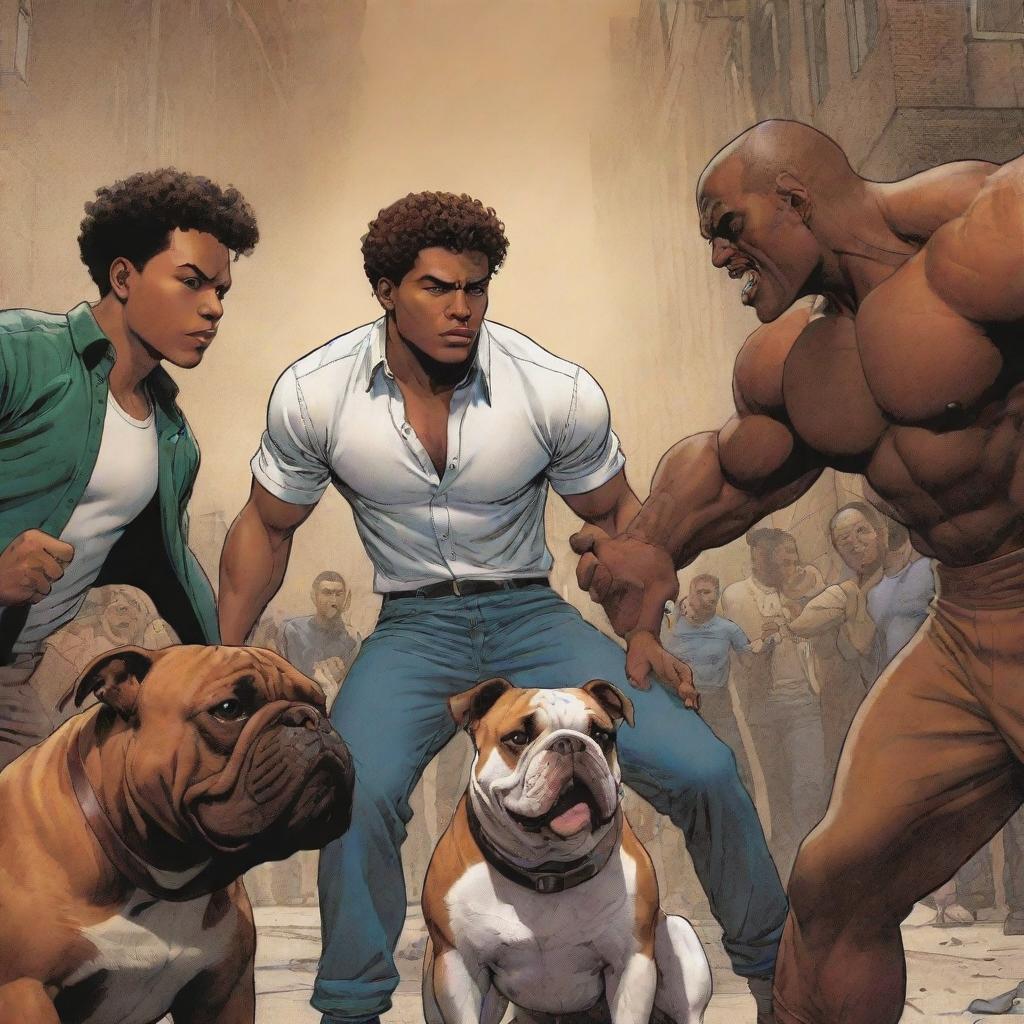 An action scene featuring a brown-skinned young man with short curly hair and his bulldog companion bravely confronting a group of villains, in a comic book style.